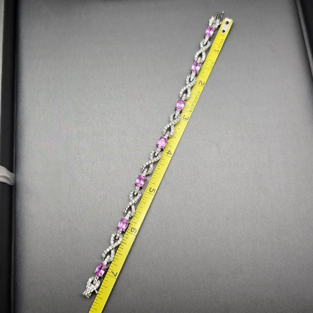Sterling Silver Pink Sapphire & Quartz Infinity Tennis Bracelet 7.5" Signed SUN - Picture 13 of 14